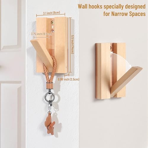 Wall Hooks for Small Space: 2Pack Foldable Wood Natural Coat Hooks - Image 2