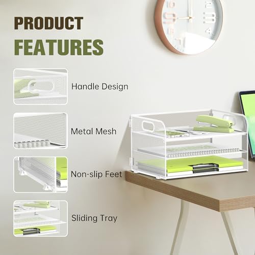DALTACK 3 Tier Paper Organizer for Desk, Sliding Paper Trays, White - Image 4