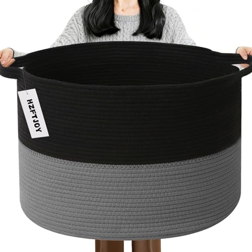 115L Large Blanket Basket,Woven Rope Laundry Basket-Black&Dark Grey by HZFTJOY