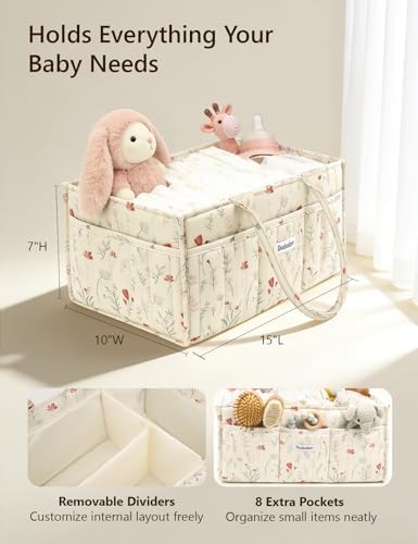 Quilted Floral Diaper Caddy Organizer, Nursery Storage Basket with Dividers - Image 3