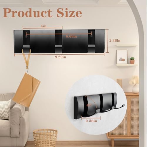 Folding Coat Hooks, Wall Mounted Coat Rack with 3 Retractable Hooks, Heavy Duty Towel Rack for Bathroom Wall Hook for Hanging Clothes Bathrobe, Stainless Steel Coat Hanger for Entryway(Black) - Image 5