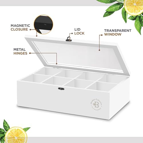 Tea Bag Organizer with Drawer - Bamboo Tea Box Organizer, 8-Compartment Tea Storage Box with Acrylic Lid and Magnetic Closure, Tea Box for Kitchen Counter, Gifts for Mom, Wife, Tea Lovers (White) - Image 6