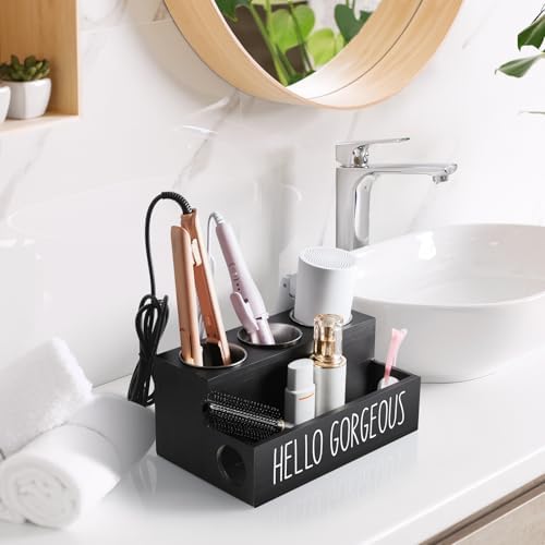 Bivvclaz Hair Tool Organizer, Wooden Hair Dryer Holder Countertop, Wall Mount Hot Tools Organizer for Hair Styling Accessories, Bathroom Supplies Vanity Caddy for Curling Wand, Blow Dryer, Black - Image 6