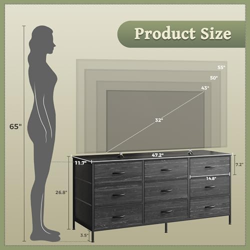 Huuger 9 Drawer Dresser, 47 Inch TV Stand for 50, 55 Inch TV, Entertainment Center with Drawers, Fabric Dresser Chest of Drawer for Bedroom, Closet, Charcoal Black Wood Grain Print - Image 3