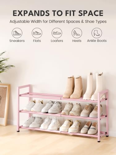 Bumusty 3 Tier Expandable Shoe Rack for Closet, Pink - Image 3