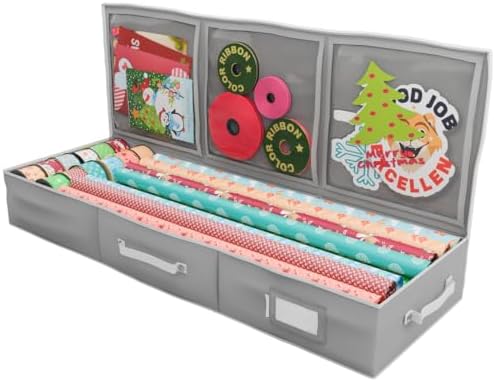 Wrapping Paper Storage Container | Gift Wrap Organizer Under Bed 41”x14”x6” Box Holder for 18-24 Rolls Up to 40” | 600D Oxford Material | Pockets for Ribbon Bows (Grey) by Primode