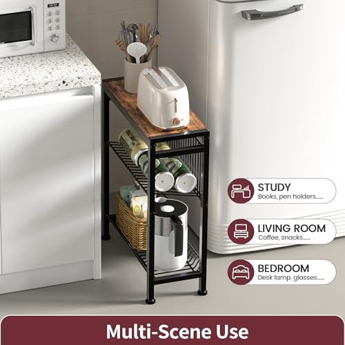 Narrow Side Table for Small Space, 3-Tier End Table with Magazine Holder,Slim Nightstand with Wire Shelf, Skinny Bedside Table in Living Room, Bedroom, Study, kitchen and Balcony (Rustic Brown) - Image 4