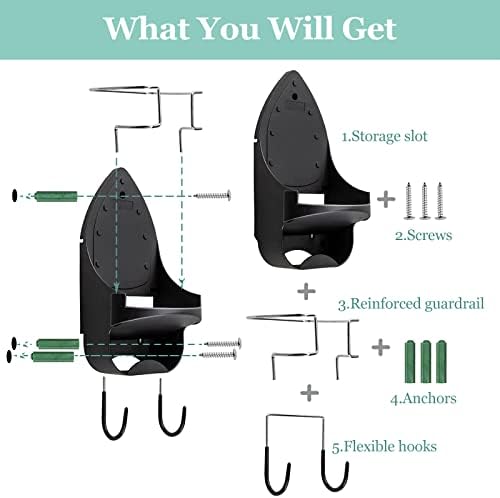DOUBLE 2 C Ironing Board Hanger Wall Mount Electric Iron Holder Iron and Ironing Board Storage Organizer Shelf with Removable Hooks for Household Bathroom Laundry Room (Black) - Image 4