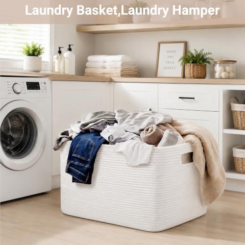 Large Laundry Baskets/Hamper, 25”x16”x16” Rectangle Woven Baskets for Toy Storage, Baby Blanket Basket in Living Room,Shelf Basket With Handle,Large White - Image 6