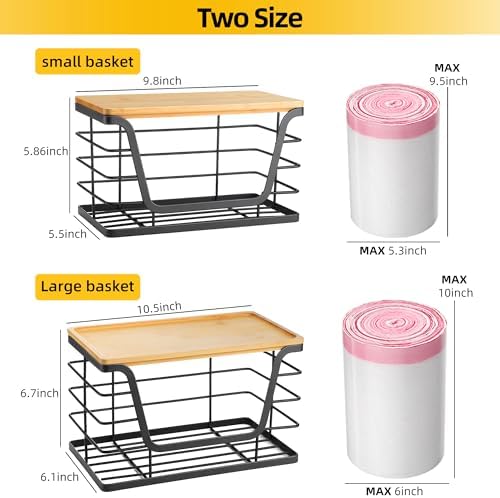ALOCEO 2 Pack Storage Stackable Kitchen Laundry Organizers with Bamboo Top, Large Trash Bag Holder and Small Garbage Bag Dispenser for Countertop Organization - Image 3
