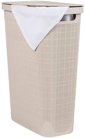 Mind Reader Slim Laundry Hamper with Lid, 40L Clothes Basket, Linen Design, Plastic, Ivory by MindReader