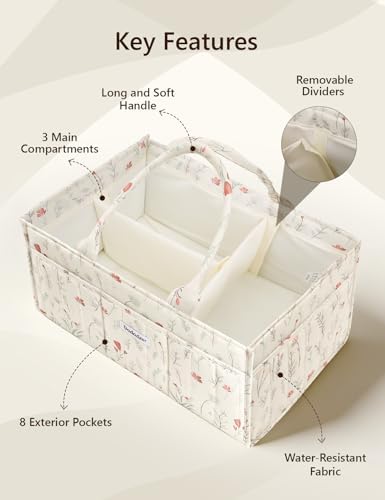 Quilted Floral Diaper Caddy Organizer, Nursery Storage Basket with Dividers - Image 6