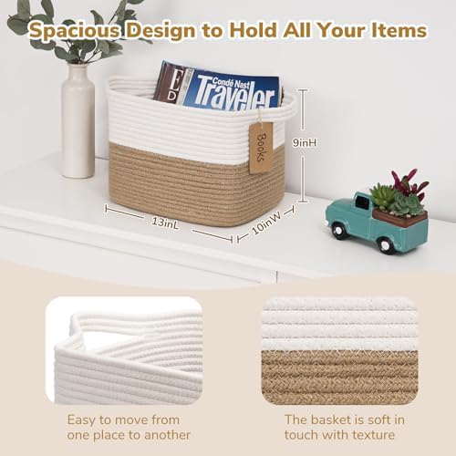 Goodpick Woven Rope Storage Basket for Shelves, Rectangle, Jute - Image 3