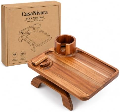 Couch Cup Holder Tray, 3 in 1 Acacia Wood Sofa Arm Clip On Tray Table with 360° Rotating Phone Holder | Couch Armrest Tray for Sofa, Recliner & Chair, Wood Side Table Tray with Drink Holder by Unknown