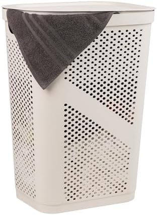Mind Reader Slim Laundry Hamper with Lid, 60L Clothes Basket, Ventilated Plastic, Ivory by MindReader