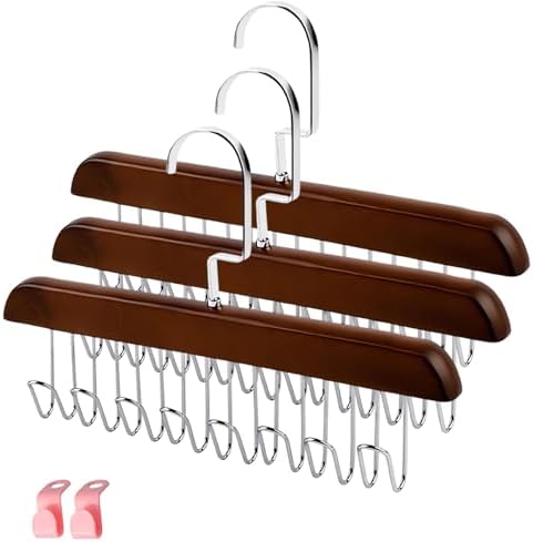 Belt Hanger 3 Pack with 24 Hooks, Sturdy Wooden Non-Slip Belt Holder, Space Saving Closet Organizer, Rotating Display Rack for Bra, Hat, Tank Tops by Plowatxi