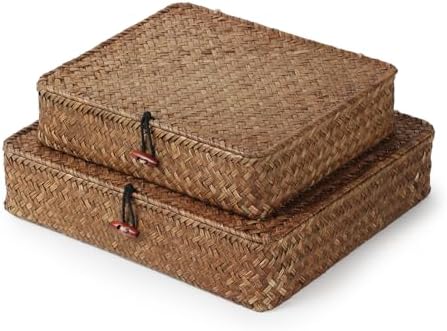 YANGQIHOME Set of 2 Seagrass Baskets with Lids, Rectangular Woven Storage Baskets, Natural Wicker Basket Boxes for Coffee Table, Shelf, Bathroom Counter & Closet Decor (Coffee, Set of 2) by YANGQIHOME
