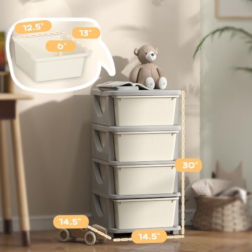 Qaba 4 Drawers Kids Storage Unit 4 Tier Toy Organizers Cream White - Image 3