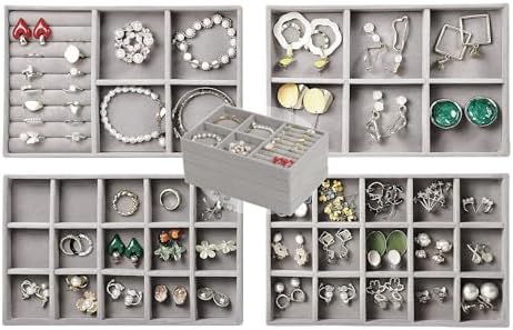 Set of 4 Stackable Jewelry Trays Organizer, Velvet Earring Organizer, Jewelry Organizer Showcase Display Drawer Organizer Storage, Earring Holder Necklace Bracelet Ring Accessary Organizers (Gray) by Fordonral