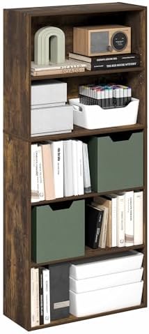 Furinno Jaya Book Shelf, 5-Tier Bookshelf, 52 Inch Tall Standing Bookcase with Adjustable Shelf, 9.5 x 23.6 x 52.6, for Home Office, Bedroom, Living Room, Amber Pine - Image 4