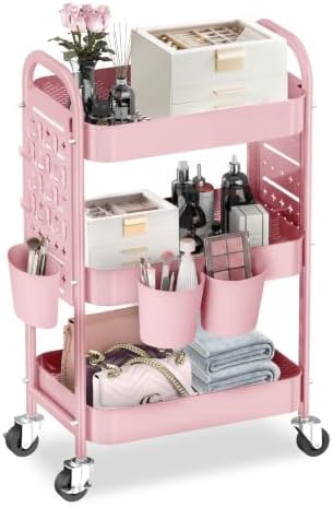 ALVOROG 3 Tier Metal Rolling Utility Cart with Pegboards,Baskets,Hooks,Pink by ALVOROG
