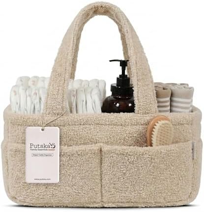 PUTSKA Baby Diaper Caddy Organizer, Nursery Fleece Basket (Cream, Fleece) by Putska