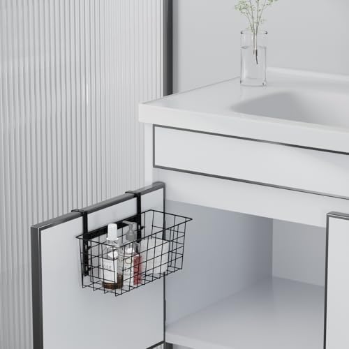 MaraFansie Basket with Hook, Grid Storage Basket, Over the Cabinet Door Organizer, Wire Hanging Basket with Hook Over the Railing, Under Sink Kitchen Cabinet, Pantry, Bathroom, Black, 4 Pack - Image 3