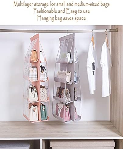 MURRI&MURRDI 2 Packs Hanging Handbag Organizer for Closet, Purse Storage Holder with 8 Easy Access Clear PVC Pockets, Womens Purse Hanger Bag for Wardrobe Door Wall Space Saving, Gray - Image 6