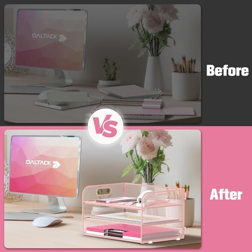 DALTACK 3 Tier Paper Organizer for Desk, Sliding Paper Trays, Pink - Image 6