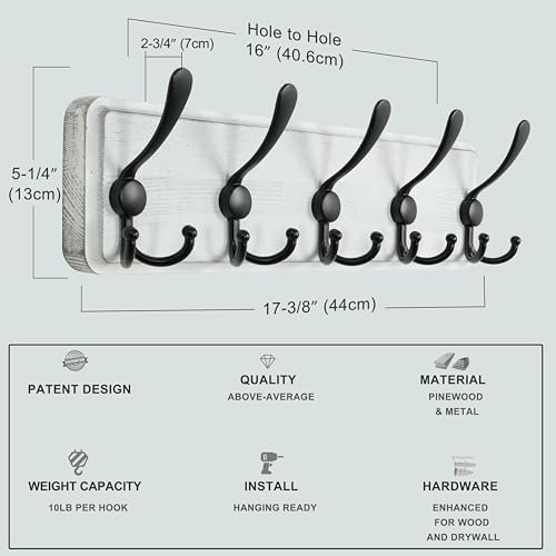 Dseap Coat Rack Wall Mounted - 5 Tri Hooks, Heavy Duty, Wooden Wall Coat Hanger Coat Hook for Clothes Hat Jacket Clothing, White & Black - Image 5