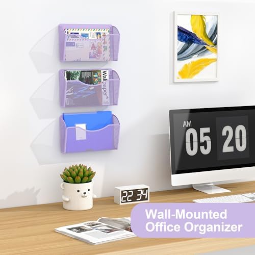 EasyPAG Wall File Organizer, Metal Mesh Hanging File Folder Holder for Letter/A4 Size Folders, Vertical Wall Mount Mail Sorter for Office Paperwork, Classroom, Purple - Image 3