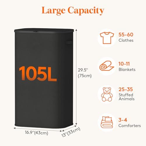 Lifewit 105L Large Laundry Hamper with Lid, Removable Inner Bag, Black - Image 3