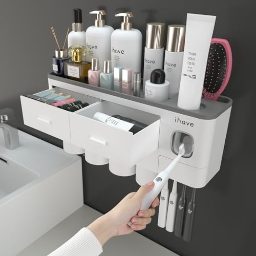 iHave Toothbrush Holders Wall Mounted with Toothpaste Dispenser & 4 Cups by ihave