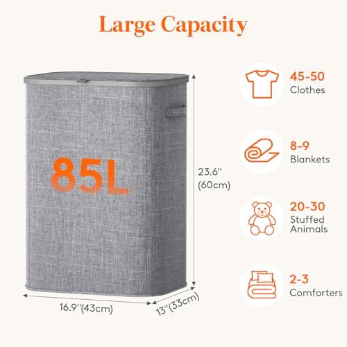 Lifewit 85L Large Laundry Hamper with Lid, Removable Inner Bag, Light Gray - Image 3