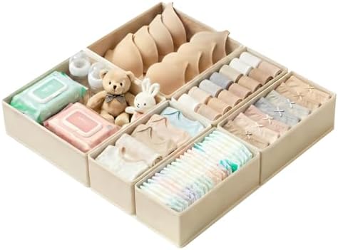 Drawer Organizer Set 6 Pack - Foldable Fabric Storage Bins with Zipper Bottom for Underwear Socks Bras Baby Clothes - Closet Dresser Organizers Dividers for Bedroom Nursery, Beige by Unknown