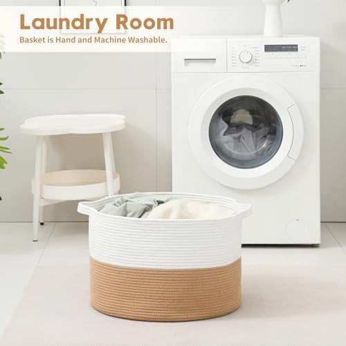 Foldable Laundry Hamper Basket with Collapsible Handle Cotton Rope Soft Woven Fabric Storage Organizer Clothes Toys Nursery Bedroom Dorm Space Saving Bin (White & Camel, 80L(21.7"D x 13.8"H)) - Image 6