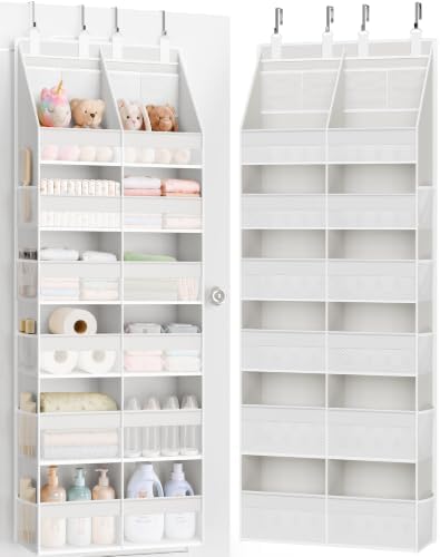 Criusia Over the Door Organizer, Extra Large 12 Compartments Closet Hanging Storage with 14 Mesh Pockets, 85lbs Capacity Behind the Door Storage for Baby Nursery, Bathroom, Bedroom, and Dorm, White by Criusia