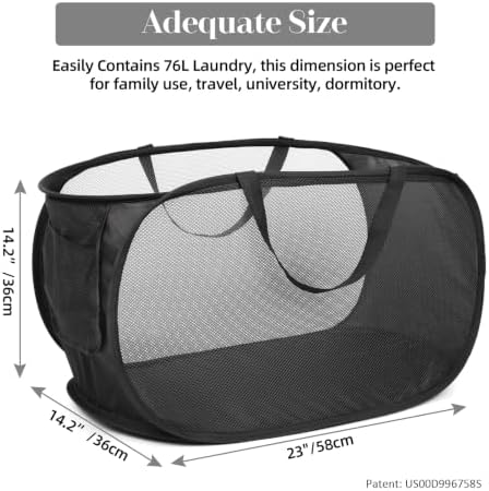 Durable Collapsible Laundry Baskets, Mesh Pop Up Laundry Hamper with Side Pocket, Foldable Clothes Storage Hamper with Reinforced Carry Handles for Laundry, Bathroom, Kids Room, Dorm or Travel Black - Image 3