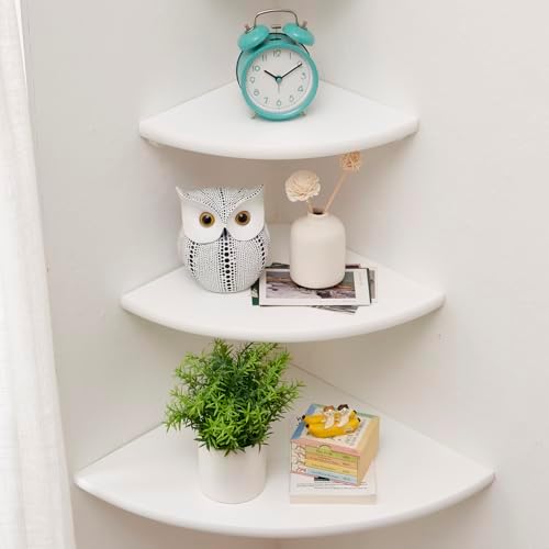 Corner Shelves, Floating Corner Shelf, Set of 3 Solid Oak Wood Corner Wall Shelves, Round End with Wire Hole Shelving for Small Plant for Bedroom Kitchen, Living Room (Size 9/10/12in) by Coamily