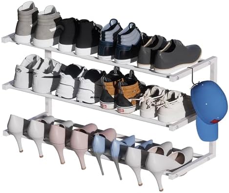Wall Mounted Shoe Rack, 3 Tier Hanging Shoe Rack Holds 12 Pairs, 17"-30" Adjustable Heavy Duty Metal Shoe Organizer Holder with 2 Storage Hooks, Space Saving for Closet Entryway Doorway（White by HomeOrganizerandStorage