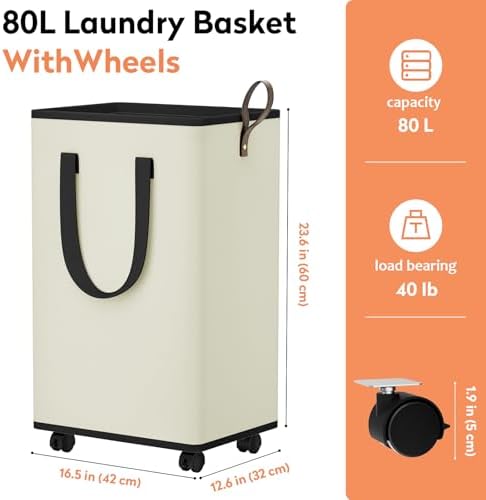 SpaceTrove Rolling Laundry Basket with Wheels, Laundry Hamper, 80L, Cream - Image 2