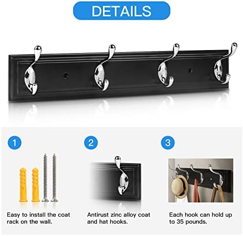 Wall Mounted Coat Hanger, 4 Hooks for Coats, Keys, Bags - Heavy Duty Zinc Alloy, Versatile for Entryway, Bedroom, Kitchen, Mudroom - Black - Image 5