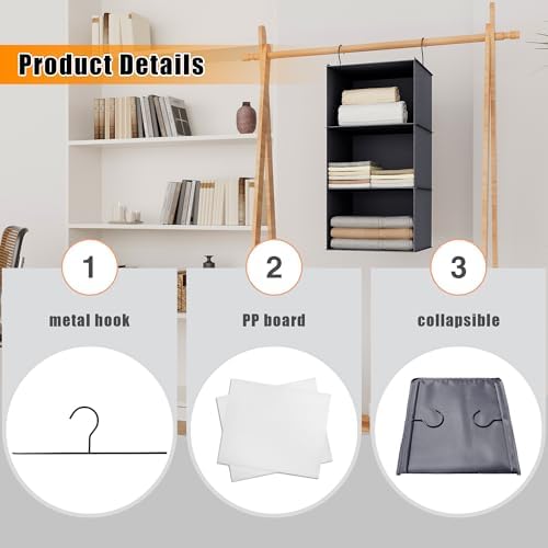 Hanging Closet Organizer 3-Shelf, Oxford Fabric Wardrobe Storage, Dark Gray - Image 6