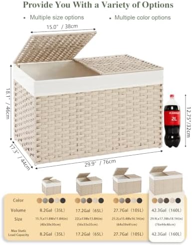 SETVSON Storage Basket with Lid 160L Wicker Baskets Storage Light Khaki - Image 2