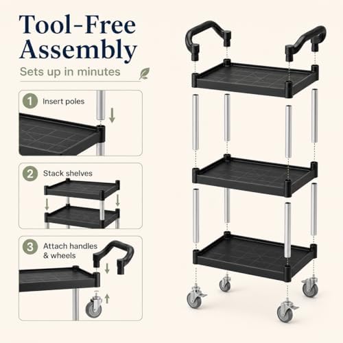 3-Tier Rolling Utility Cart with 2 Locking Brakes, 520 Lbs Heavy Duty 31.5"x15.7"x40.6" Commercial Service Cart, Tangle-Free Silent Wheels for Home, Office, Restaurant, Warehouse, Kitchen - Image 6