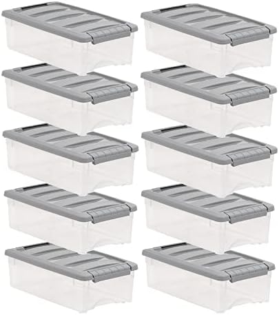 Amazon Basics Plastic Storage Containers with Secure Latching Lids, Stackable Organization Bins, Clear/Grey, 5 Quart, Set of 10 by AmazonBasics