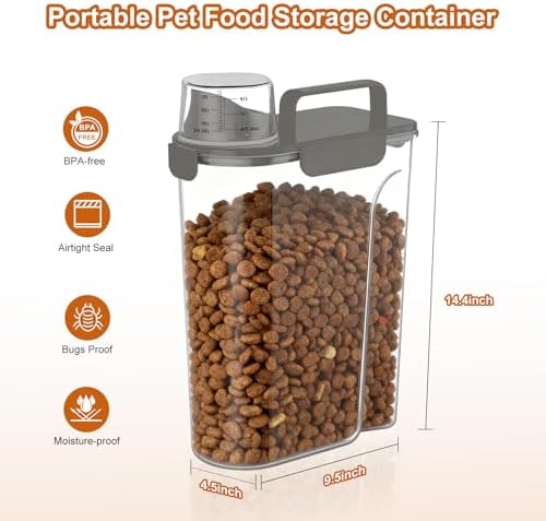 Uppetly Dog Cat Food Storage Container, 5-7Lbs Pet Food Containers, Airtight Cat Food Container with Portable Handle & Measuring Cup, Small Animal Dry Food Dispenser for Dogs, Cats and Birds Grey - Image 3