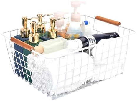 LeleCAT Large white wire baskets with Wooden Handles for storage pantry, Storage Organizer Baskets, Household Refrigerator for Cabinets, Closets, Bedrooms, kitchen - Set of 3 White - Image 4