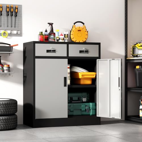 Wanfu Metal Storage Cabinet, 36" H Locking Storage Cabinet with 2 Drawers and Adjustable Shelf, Metal Cabinets for Office, Garage, Home-Black and Silver - Image 4