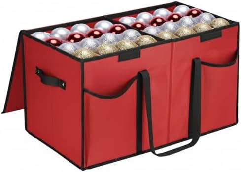 Christmas Ornament Storage Box with Dividers & Pockets - Holiday Ornament Organizer Bag - Holds 128 Balls - Durable Red Fabric Container with Handles - Foldable Xmas Decorations Storage - by Mobi Lock by MobiLock